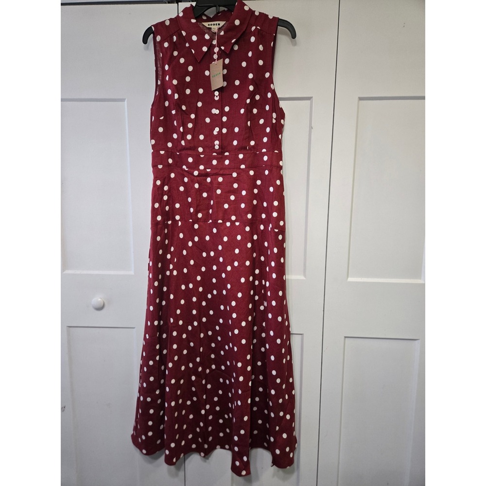 Boden Red Polka Dot Linen Erma Drop Waist Maxi Dress Button Front US 10R NWT